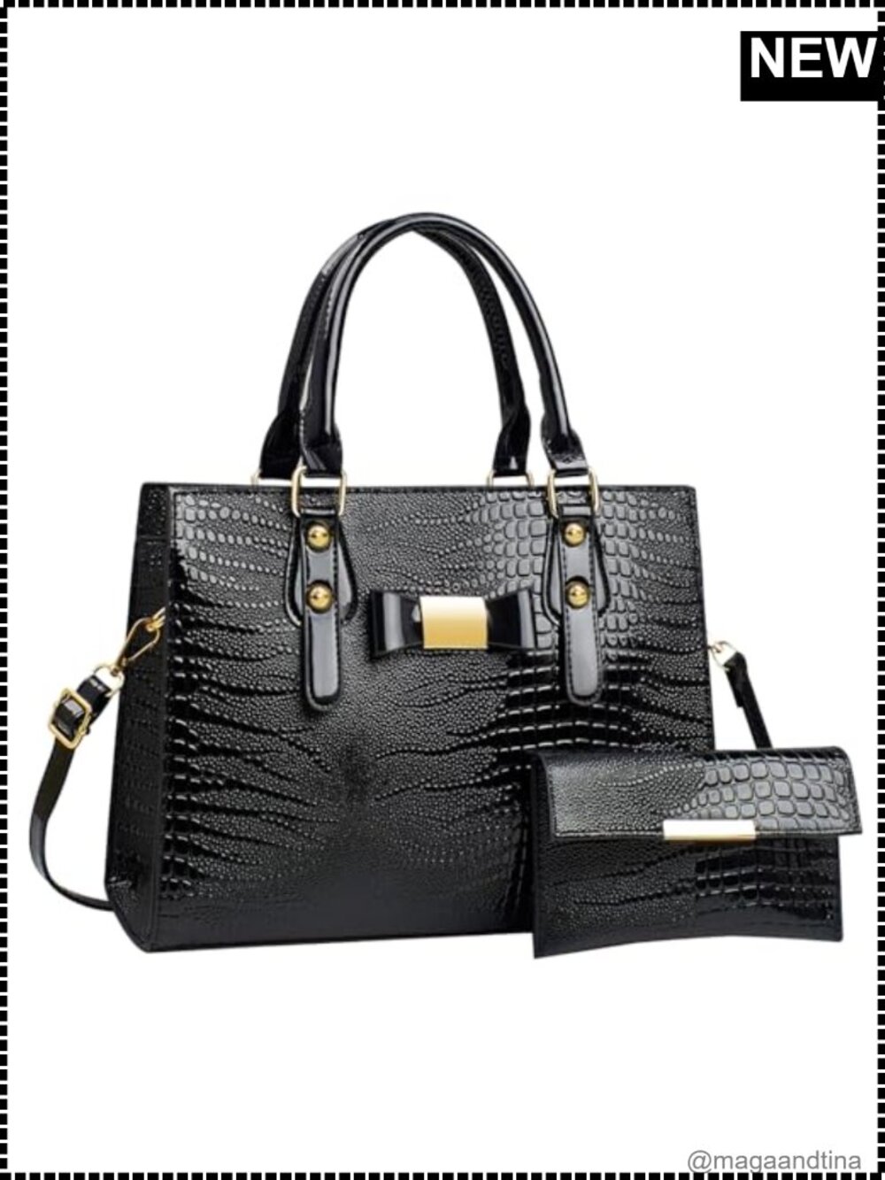 PU Leather Satchel Handbag Set with Wallet Alligator Texture Top Handle